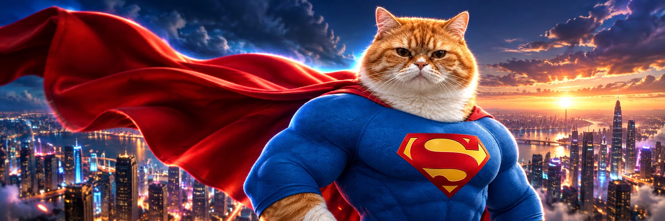 Super Chonk, a caped orange cat hero, hovering over a city at sunset